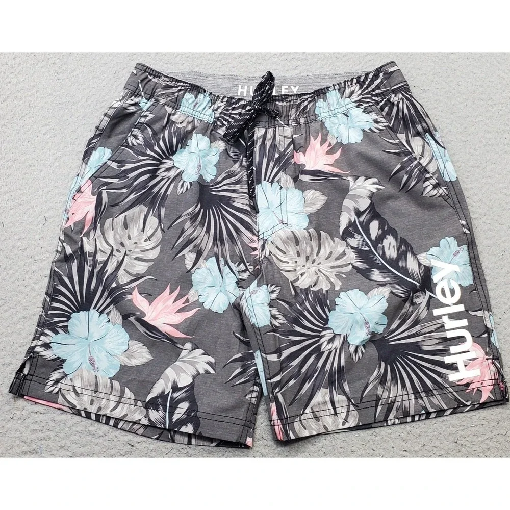 Hurley Board Shorts Mens Medium Multi Floral Print Side Slit Surf Drawstring